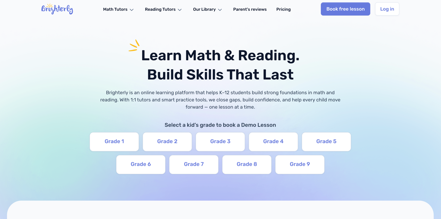 Brighterly landing — math and reading for K-12 with grade selection