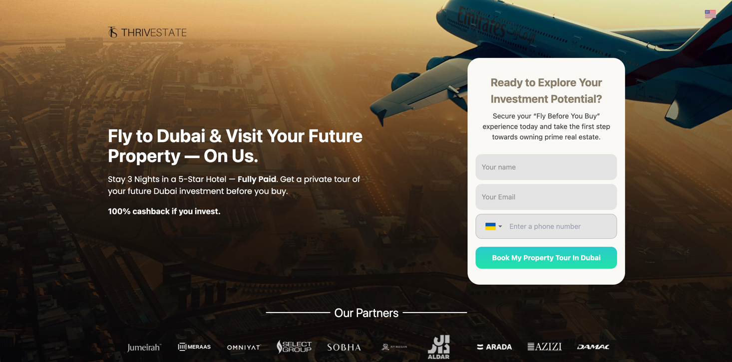 Fly Before You Buy landing — property tour lead capture with partner lineup