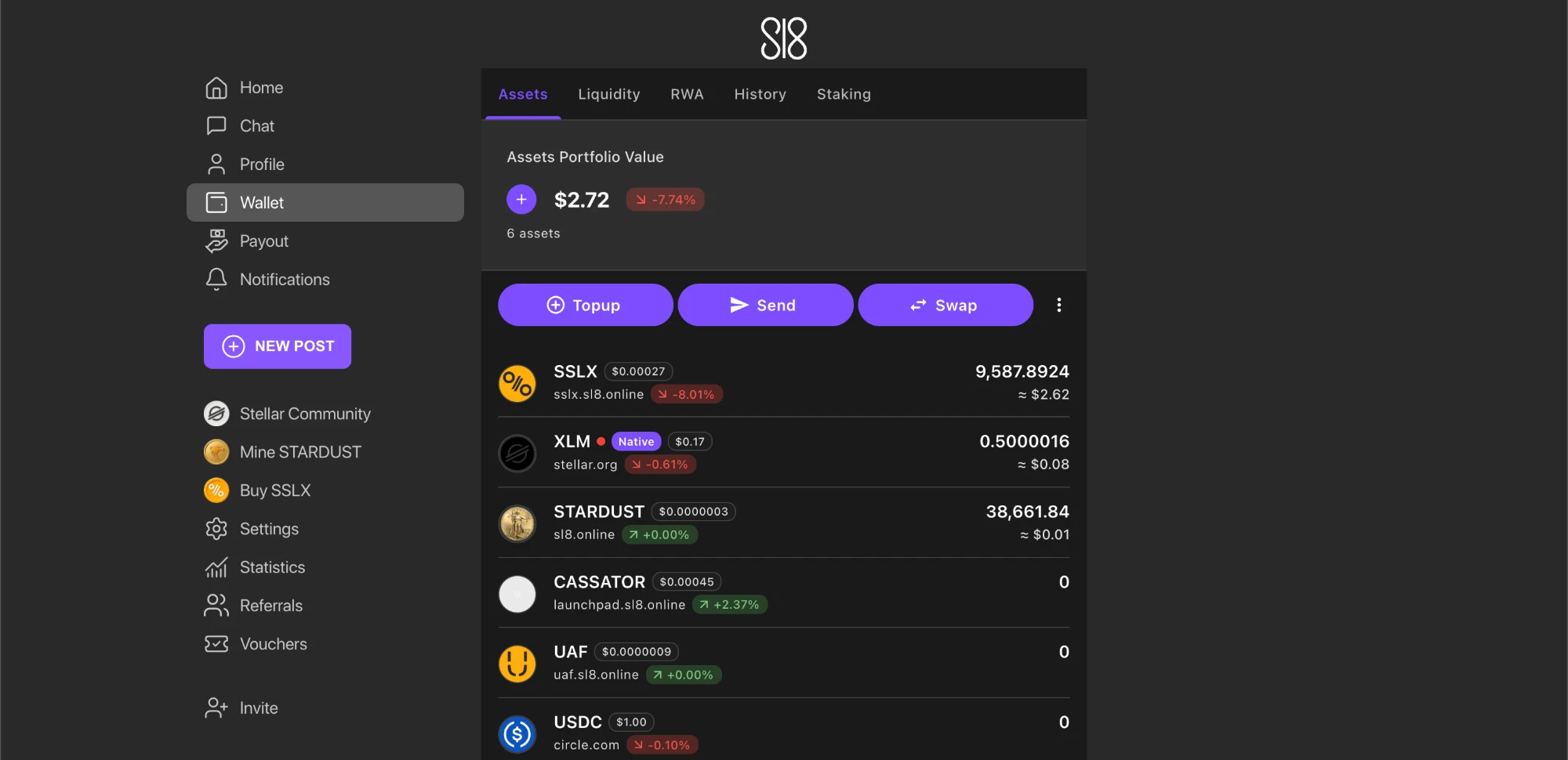 Sl8 wallet with assets, liquidity and staking