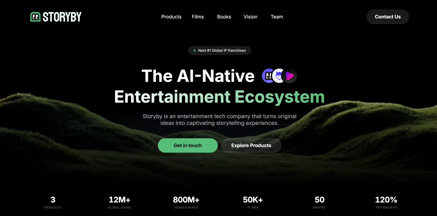 Storyby landing — the AI-native entertainment ecosystem